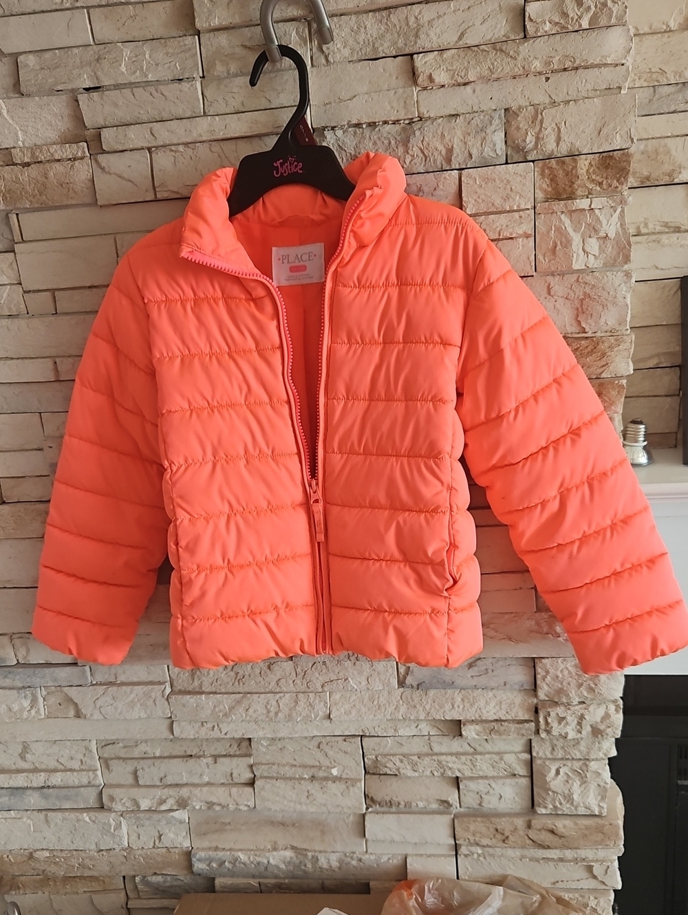 The Children's Place Neon Coral Puffer Jacket, Size 5/6.